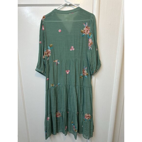Anthropologie Fig & Flower Green Tiered Embroidered Maxi Dress L Whimsical Boho - Picture 5 of 7